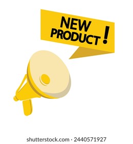 Megaphon mit neuer Produkt-Sprechblase. Lautsprecher. Banner für Wirtschaft, Marketing und Werbung