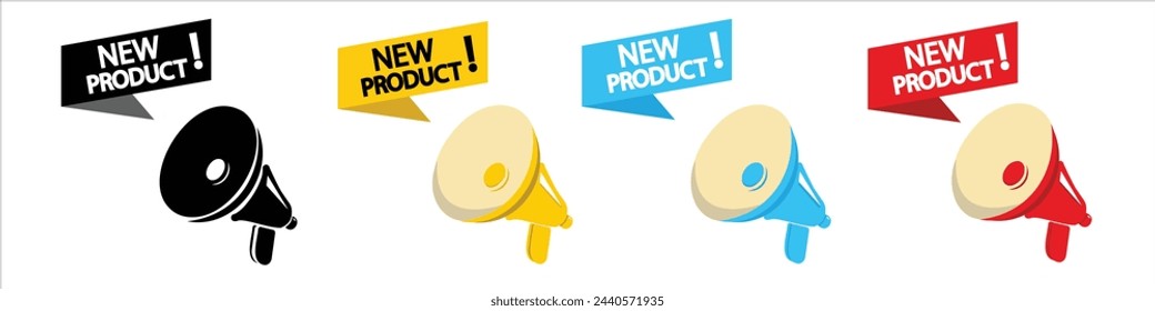 Megaphone with new product speech bubble. Loudspeaker. Banner for business, marketing and advertising