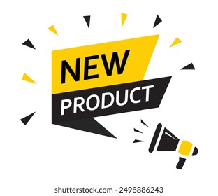 Megáfono con la burbuja del discurso del nuevo producto, diseño del negocio, comercialización, anuncio, descuento, reembolso. Anuncio creativo. Ilustración vectorial