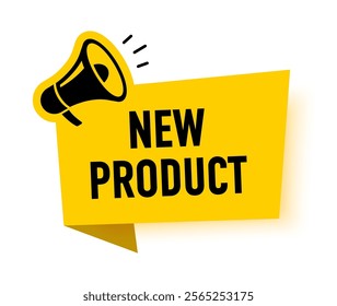 Megaphone with new product speech bubble. Loudspeaker. Banner for business, marketing and advertising. Vector illustration.