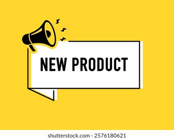 Megaphone with new product speech bubble. Loudspeaker. Banner for business, marketing and advertising. Vector illustration.	