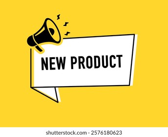 Megaphone with new product speech bubble. Loudspeaker. Banner for business, marketing and advertising. Vector illustration.	