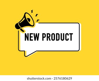 Megaphone with new product speech bubble. Loudspeaker. Banner for business, marketing and advertising. Vector illustration.	