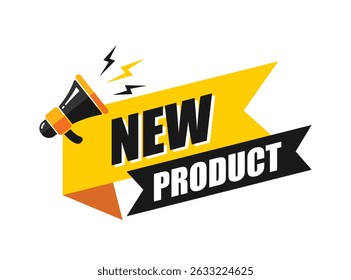 megaphone with new product template, business design, marketing, announcement, discount, cashback. creative banner. editable vector eps 10.