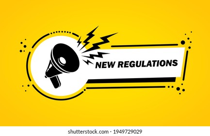 Megaphone with New regulations speech bubble banner. Loudspeaker. Label for business, marketing and advertising. Vector on isolated background. EPS 10.