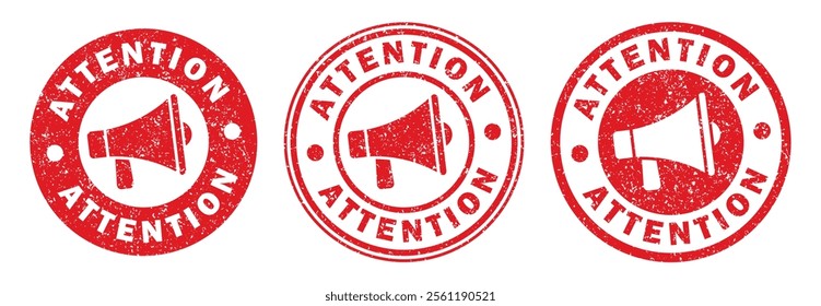 Megaphone news attention round Grunge stamp icon shape symbol. Voice sound speech logo silhouette sign. Loudspeaker amplifier. Vector illustration image. Isolated on white background.