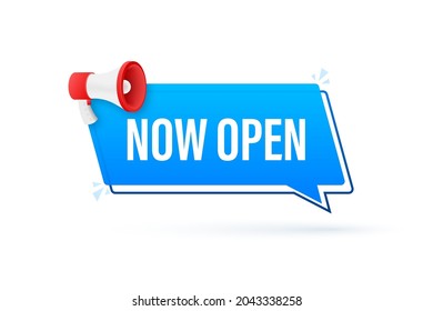 Megaphone with now open. Megaphone banner. Web design. Vector stock illustration.