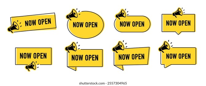 Megaphone with now open speech bubble. Loudspeaker. Banner for business, marketing and advertising. Vector illustration.
