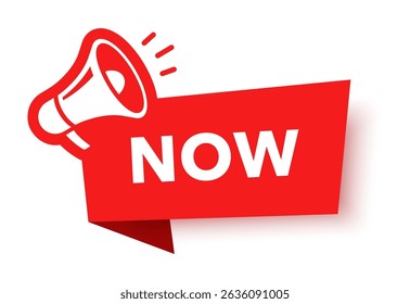Megaphone with now speech bubble. Loudspeaker. Banner for business, marketing and advertising. Vector illustration.	