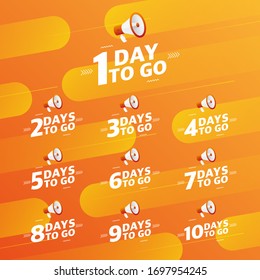 Megaphone number days to go countdown vector illustration template on orange designer background. Vector illustration.
