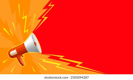 Megaphone on the background of an empty banner for text. Vector template