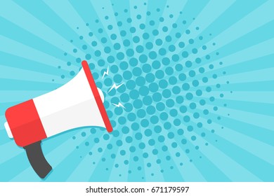 Megaphone on background with sun rays and halftone dots. Pop art style. Vector