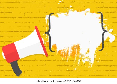 Megaphone on brick wall background with quotes. Space for text, quote, advertisement. Vector
