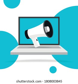 Megaphone on Laptop notebook computer screen. Color circle background. Empty speech bubble. Vector illustration.
