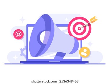 Megaphone on laptop screen, Email marketing flat illustration, Online business strategy, Advertising, Email newsletter, Marketing concept for web banner, infographic, social media