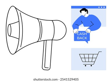 Megaphone on left, person holding cashback sign on top right, shopping cart at bottom right. Ideal for online shopping, ecommerce promotions, customer rewards, cashback offers, marketing campaigns