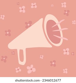 Megaphone on pink background with little flowers