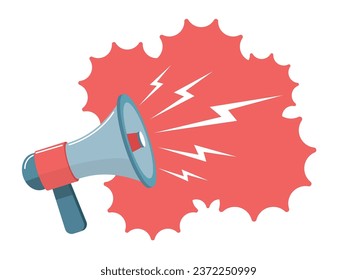 Megaphone on red background. Loudspeaker with white lightning signs. Public speaking equipment, promo and advertising symbol. Promotion announces. Cartoon flat isolated vector concept