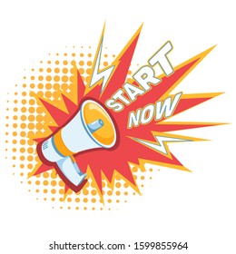 Megaphone on red yellow halftone background.Vector illustration in pop art style. Public Relations, Communication, Pr Agency Marketing, Alert Advertising, Propaganda, call to action start