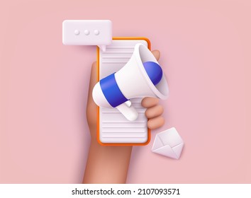 Megaphone on screen mobile phone. Marketing time concept. 3D Vector Illustrations.