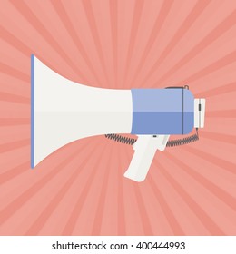 Megaphone on sun ray background. Vector flat design business promotion advertising concept.