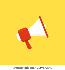 Megaphone on yellow background. Megaphone icon template, logo design. Loudspeaker with grand opening, discounts, promotions.