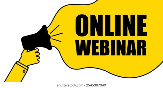 Megafone com texto de 'Webinar online' em balão amarelo no fundo branco.