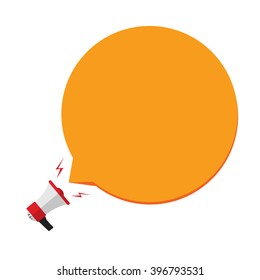 Megaphone with orange speech bubble template for text, flat cartoon bullhorn cloud, concept of announcement, public speech message, promotion, social media marketing vector design isolated on white