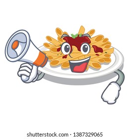 With megaphone pasta is served on cartoon plates