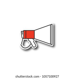 Megaphone patch. Breaking news. Announcement. Bullhorn. Color sticker. Vector isolated illustration