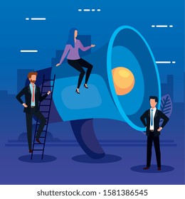 Megaphone and people design, Amplifer speaker bullhorn announce speech message communication and sound theme Vector illustration