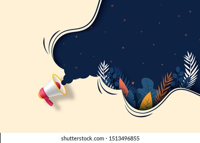 Megaphone with plant leaf and dark blue bubble speech concept of grand opening sale background template.Vector illustration.