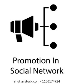 Megaphone pointing towards network of nodes, commemorating the icon for promotion in social network 