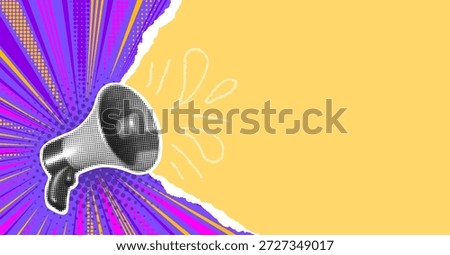 Megaphone Pop Art Banner with Halftone Burst and Torn Paper Background. Loud Announcement Poster Concept with Copy Space for Marketing Promotion Message, Advertising Retro Design. Vector Illustration
