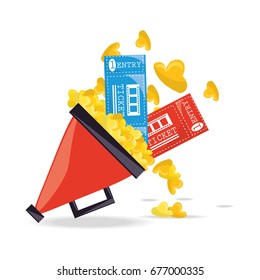 megaphone with popcorn and tickets to cinema