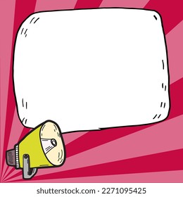 Megaphone presenting important information and brand new agenda. Big white speech bubble for text on bright colored background. Vector drawing illustration.