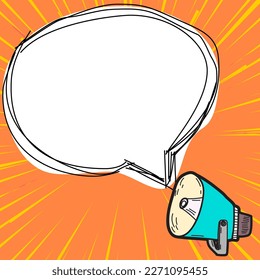 Megáfono presentando información importante y una nueva agenda. Gran burbuja de habla blanca para texto con fondo de color brillante. Ilustración del dibujo del vector.