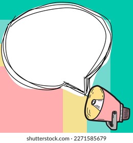 Megaphone presenting important information and brand new agenda. Big white speech bubble for text on bright colored background. Vector drawing illustration.