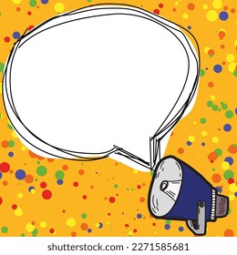 Megáfono presentando información importante y una nueva agenda. Gran burbuja de habla blanca para texto con fondo de color brillante. Ilustración del dibujo del vector.