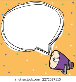 Megáfono presentando información importante y una nueva agenda. Gran burbuja de habla blanca para texto con fondo de color brillante. Ilustración del dibujo del vector.