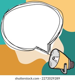Megaphone presenting important information and brand new agenda. Big white speech bubble for text on bright colored background. Vector drawing illustration.
