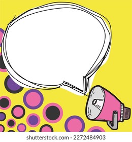 Megaphone presenting important information and brand new agenda. Big white speech bubble for text on bright colored background. Vector drawing illustration.