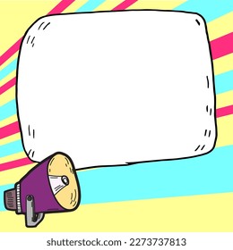 Megaphone presenting important information and brand new agenda. Big white speech bubble for text on bright colored background. Vector drawing illustration.