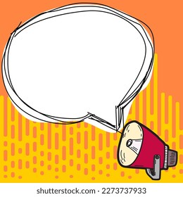 Megaphone presenting important information and brand new agenda. Big white speech bubble for text on bright colored background. Vector drawing illustration.