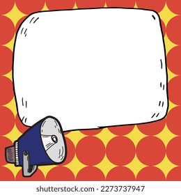 Megáfono presentando información importante y una nueva agenda. Gran burbuja de habla blanca para texto con fondo de color brillante. Ilustración del dibujo del vector.