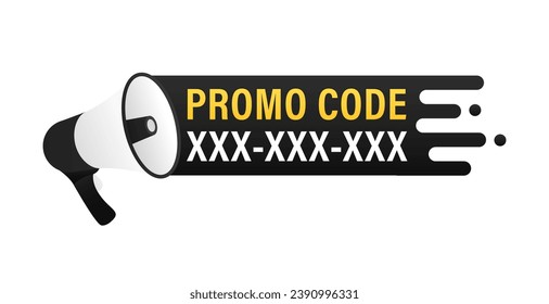 Megaphone with Promo code banner. Concept of sale, discount, coupon, promotion. Coupon code label design. Vector illustration