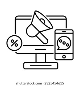 Megaphone Promotional Icon Set With Desktop Monitor Symbol, Percentage, Smartphone Icon And Telecommunication Message Sign , Advertising Announcement, Loudspeaker Vector Illustration