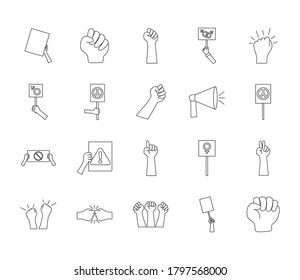 megaphone and protesting icon set, over white background, line style, vector illustration