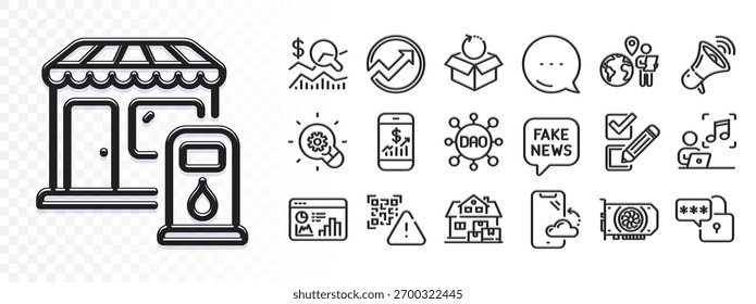 Ícones de linha de estatísticas de Megafone, Qr code e Seo para aplicativo Web. Reflexo de efeito de luz. Ícone Mensagem. Pacote de inovação, Home movendo, Ícones de pictograma de música. Vetor