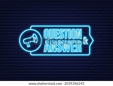 Megaphone with Question and Answer. Neon icon. Megaphone banner. Web design. Vector stock illustration.